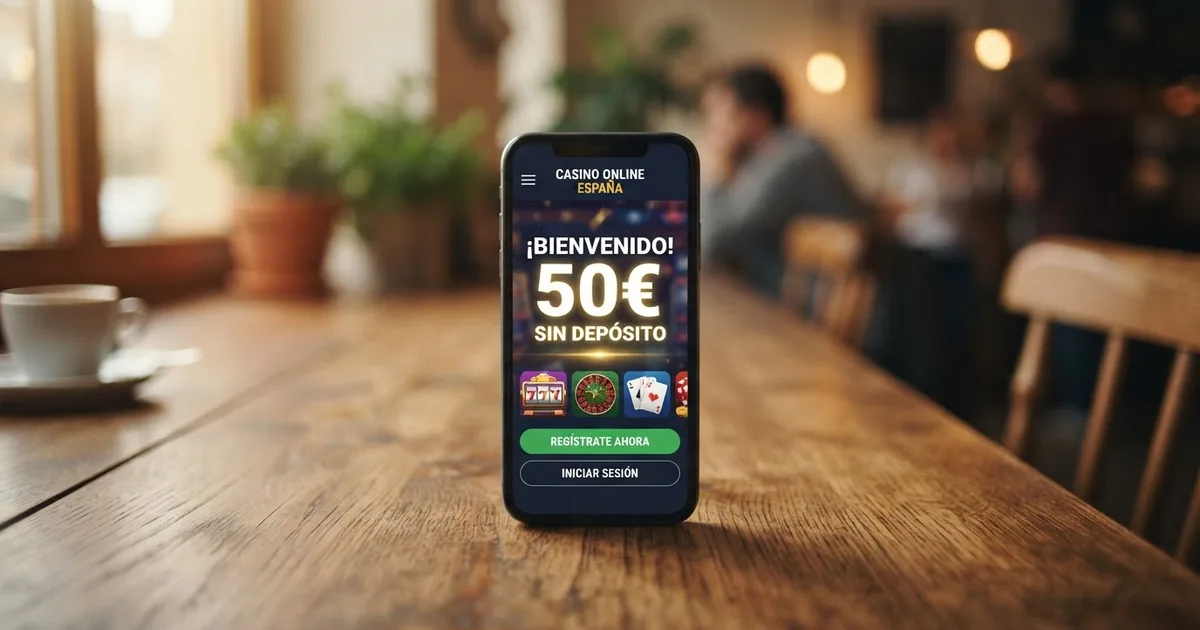 pantalla de un casino online español con una oferta de 50€ sin depósito en un dispositivo móvil