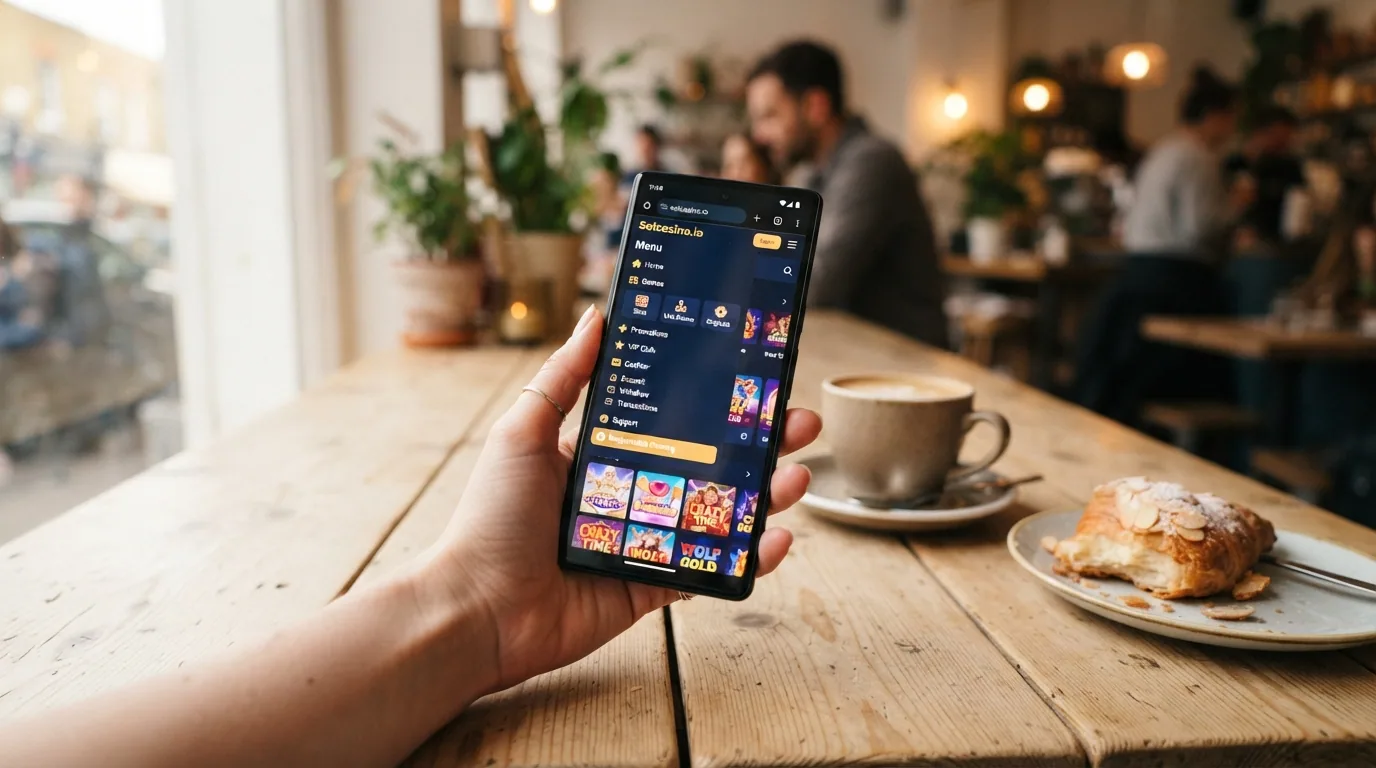 Interfaz de Solcasino en pantalla de teléfono con el menú de navegación móvil