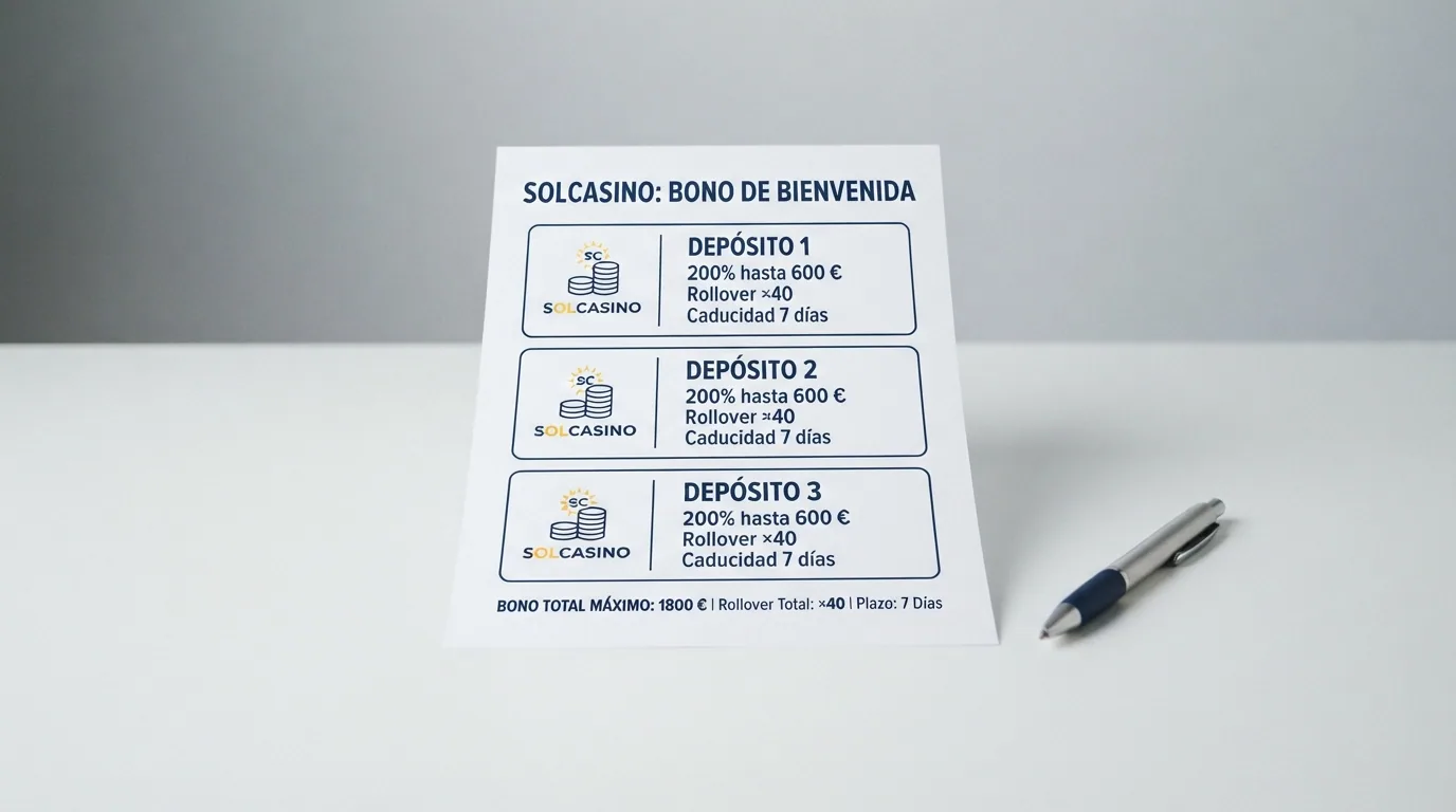Desglose del bono de bienvenida de Solcasino con los tres tramos de depósito y sus condiciones