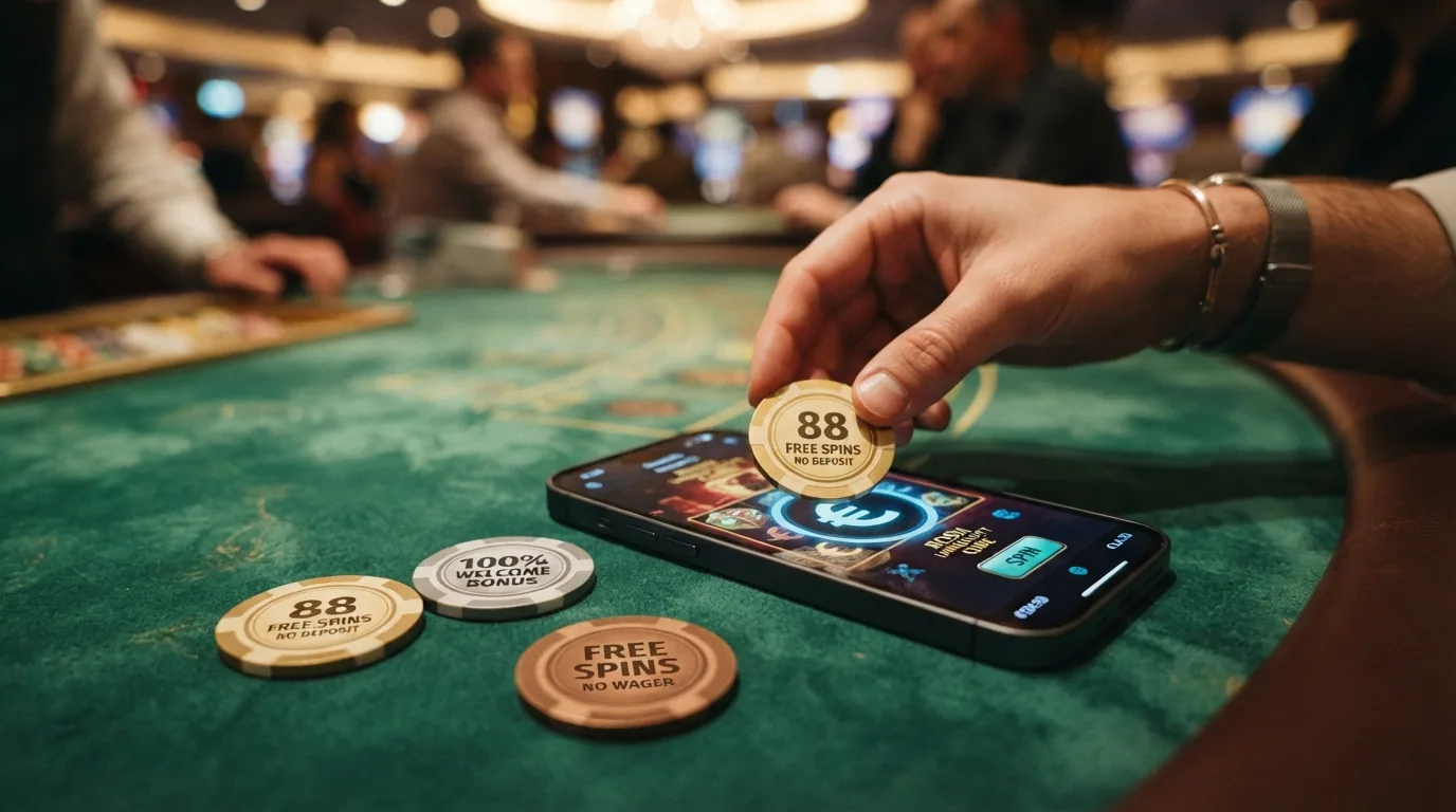 Tres fichas de bono de casino: 88 giros sin depósito, 100% de bienvenida y tiradas sin requisitos de apuesta