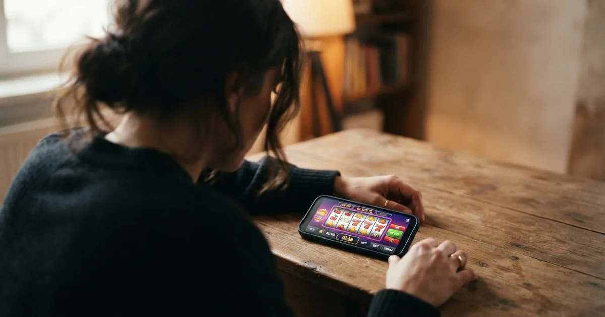 Jugador consultando en su pantalla las condiciones del reembolso en un casino online con dominio .es