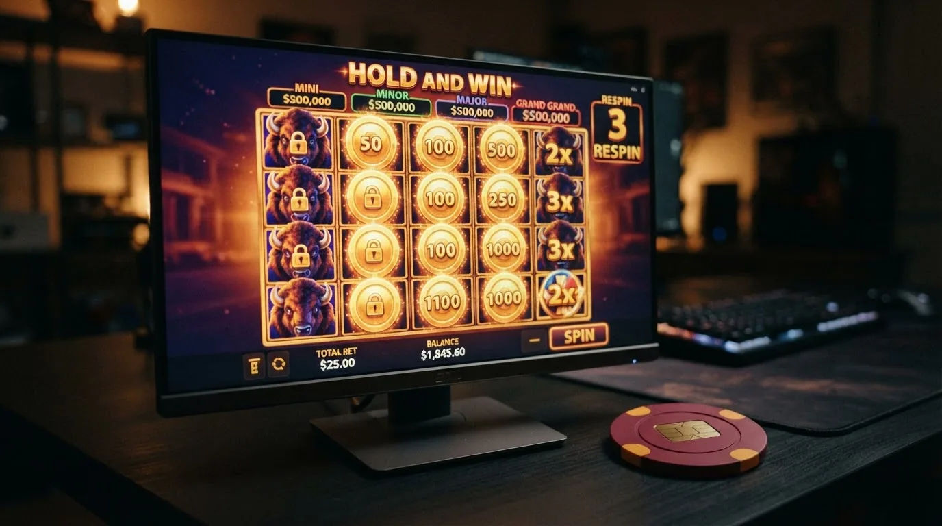 pantalla de Buffalo Power Hold and Win con los símbolos fijados y el contador de respins