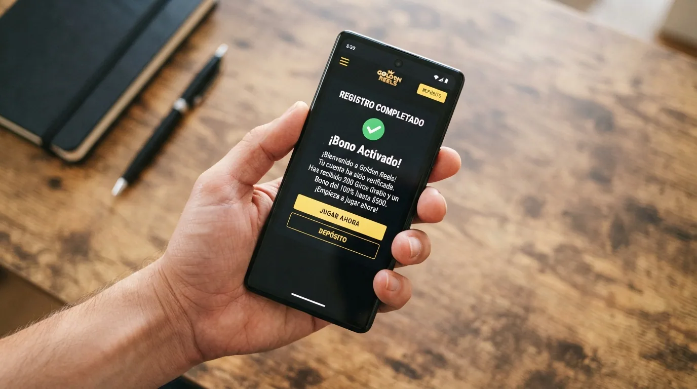 Mano sosteniendo móvil con pantalla de registro de casino y notificación de bono activado