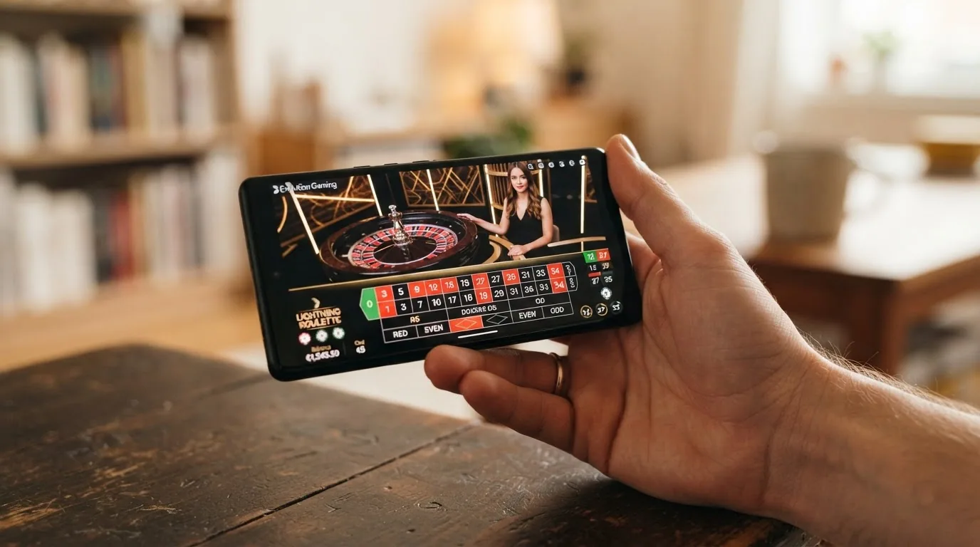 Teléfono móvil en horizontal mostrando una mesa de ruleta en vivo de Evolution Gaming con la interfaz táctil adaptada y los botones de apuesta ampliados
