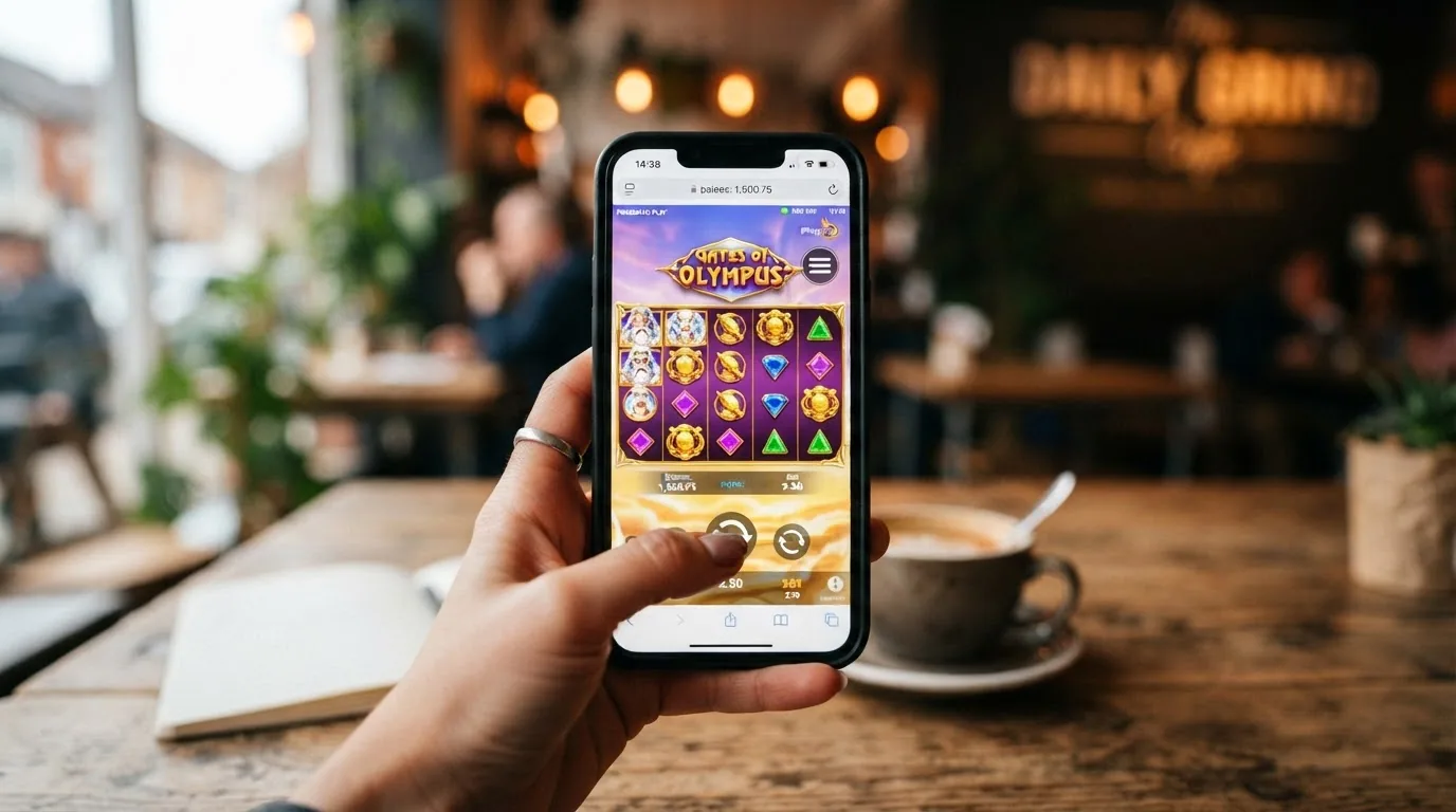 Smartphone mostrando una slot de Pragmatic Play en navegador móvil junto a iconos de apps nativas
