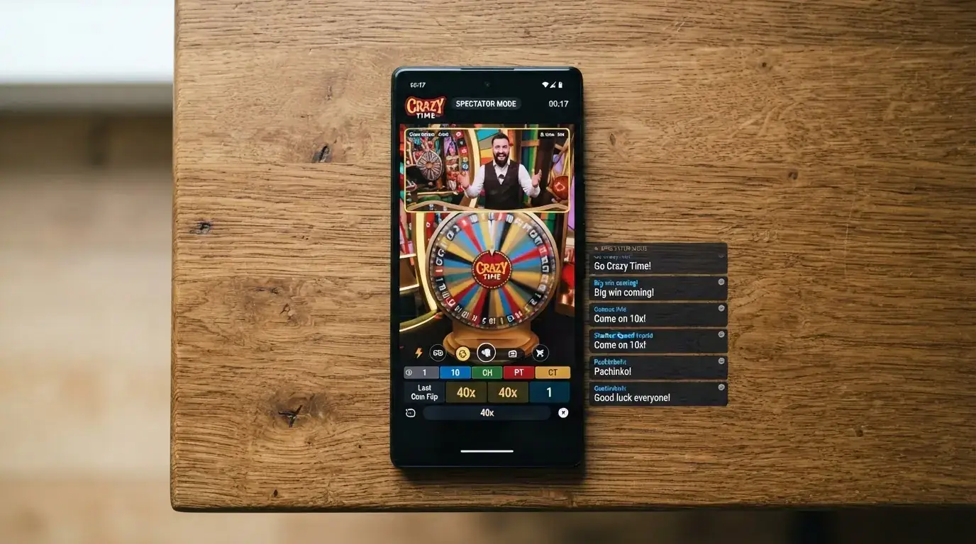 Interfaz de Crazy Time en modo espectador con la rueda girando sin apuesta activa