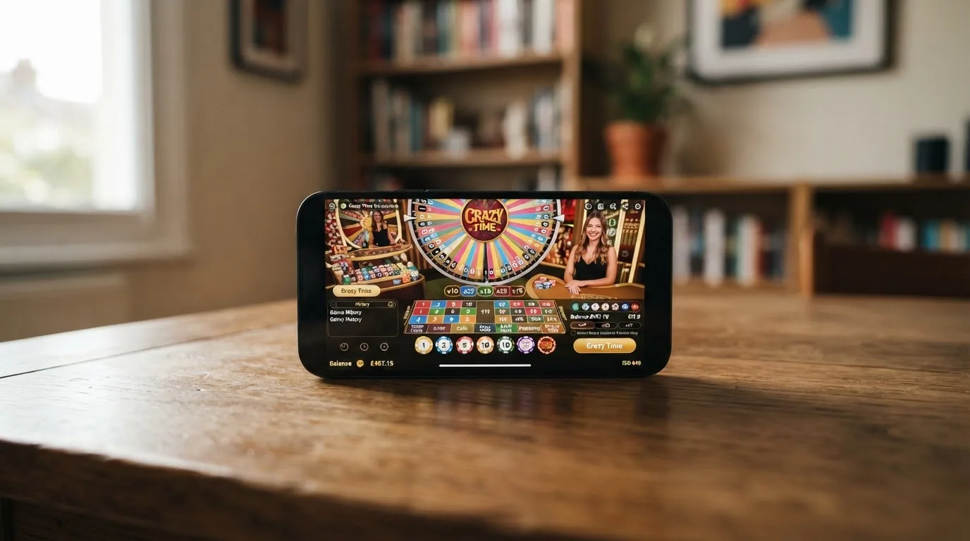 Crazy Time en la pantalla de un teléfono móvil en orientación vertical
