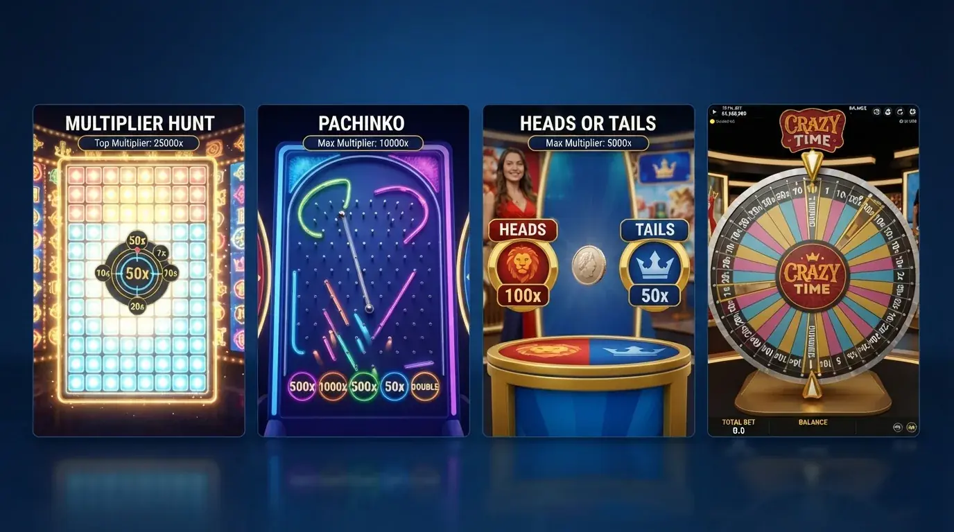 Pantallas de las cuatro rondas bonus de Crazy Time: Cash Hunt, Pachinko, Coin Flip y Crazy Time