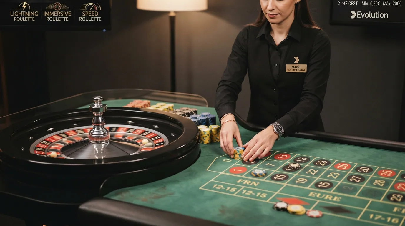 Collage o mosaico con las mesas de ruleta en vivo de Evolution disponibles en España (Lightning Roulette, Immersive, Speed) junto a una indicación visual de los juegos no disponibles (game shows, blackjack en vivo)