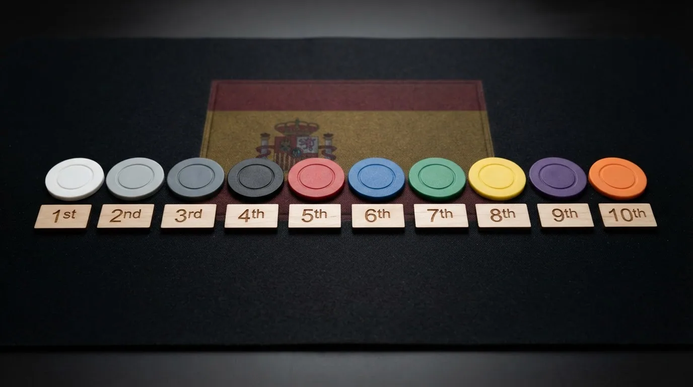 Tabla comparativa estilizada con fichas de casino sobre fondo con la bandera de España