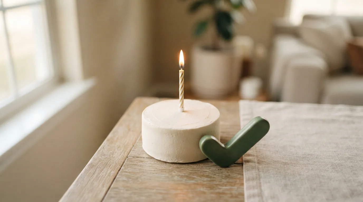 Icono de tarta de cumpleaños con una sola vela y signo de verificación verde, sobre fondo neutro
