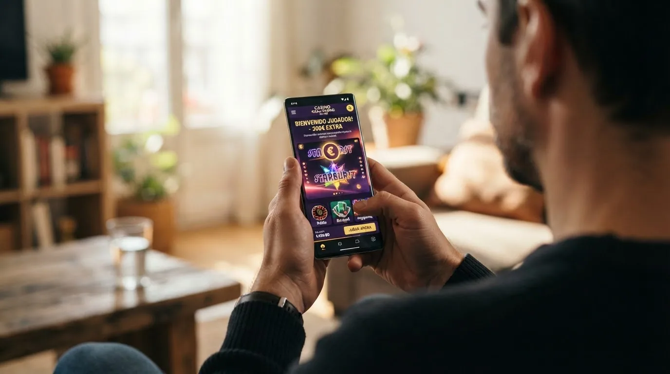 manos sosteniendo un móvil con la pantalla de un casino online, tono editorial de cierre