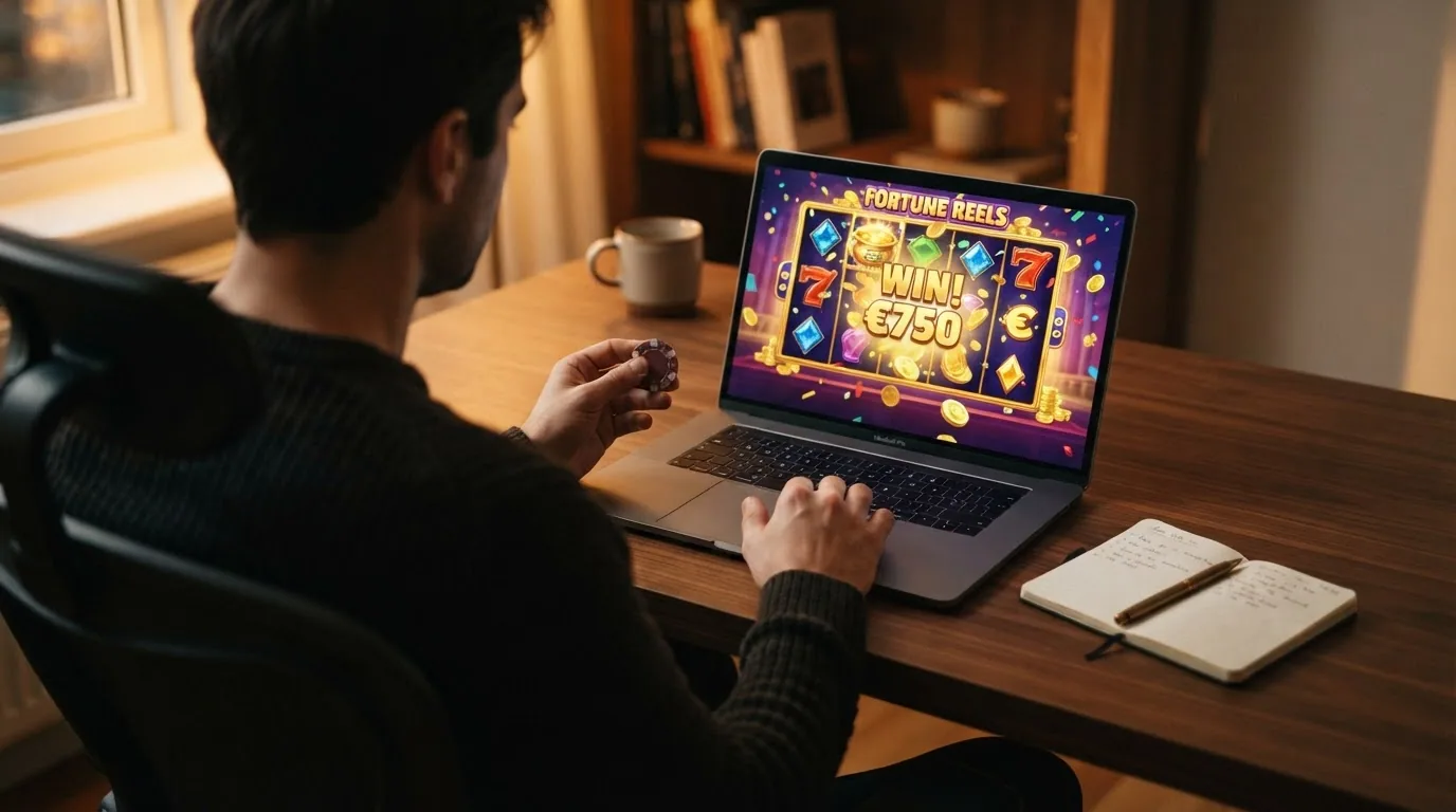 Persona sentada ante el ordenador con gesto tranquilo mientras revisa una oferta de casino
