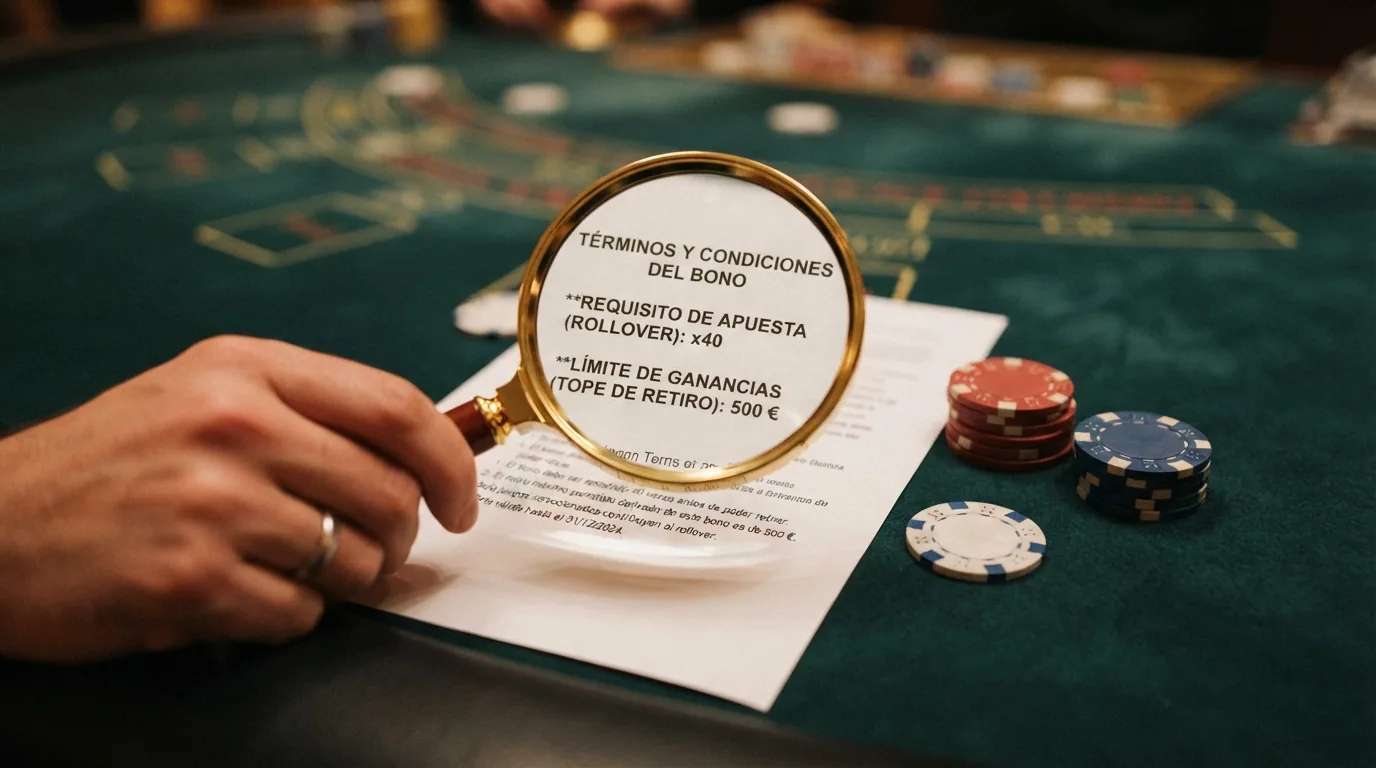 Lupa sobre los términos «rollover x40» y «tope de retiro» con fichas de casino al fondo