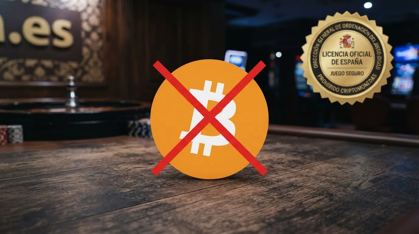 Símbolo de Bitcoin tachado sobre fondo de dominio .es con candado DGOJ