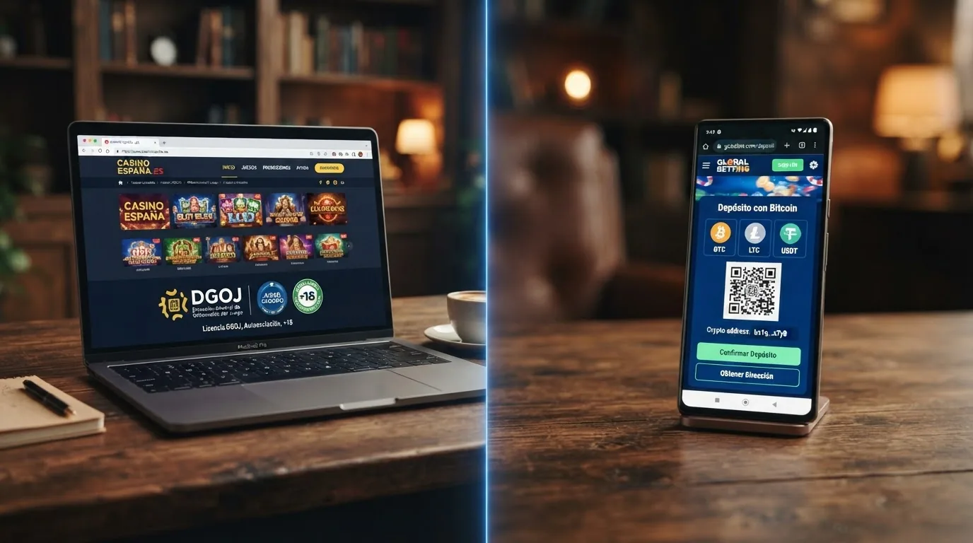 Contraste visual entre un casino con dominio .es y un casino offshore con opciones de depósito en bitcoin