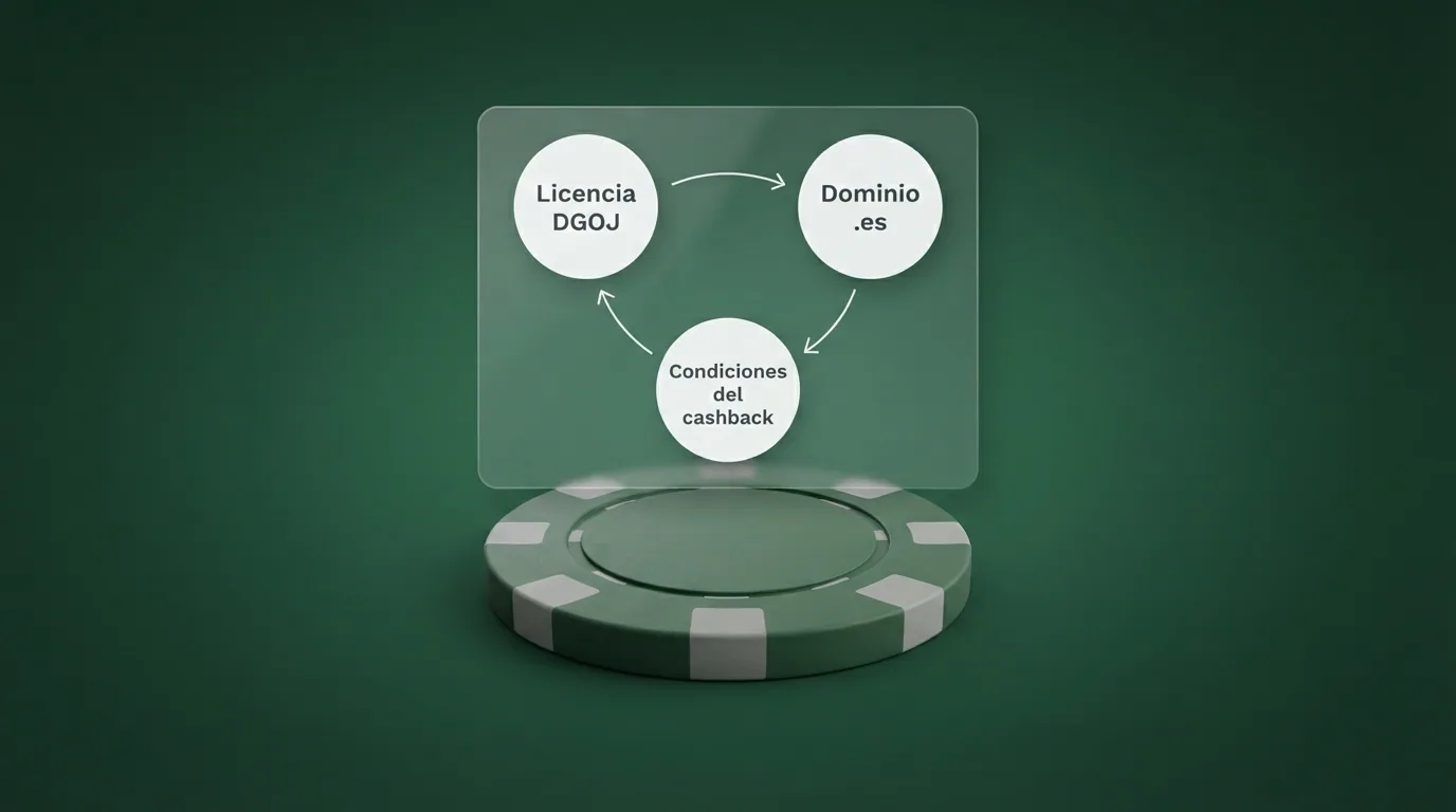 Esquema visual de los criterios de evaluación: licencia DGOJ, dominio .es y condiciones del cashback