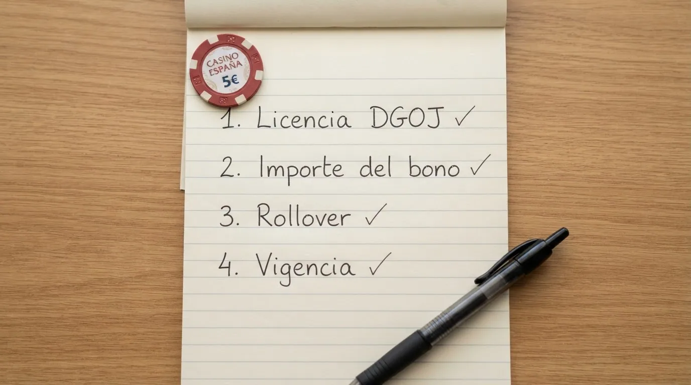 lista de criterios de selección (licencia DGOJ, términos del bono, rollover, vigencia) con iconos