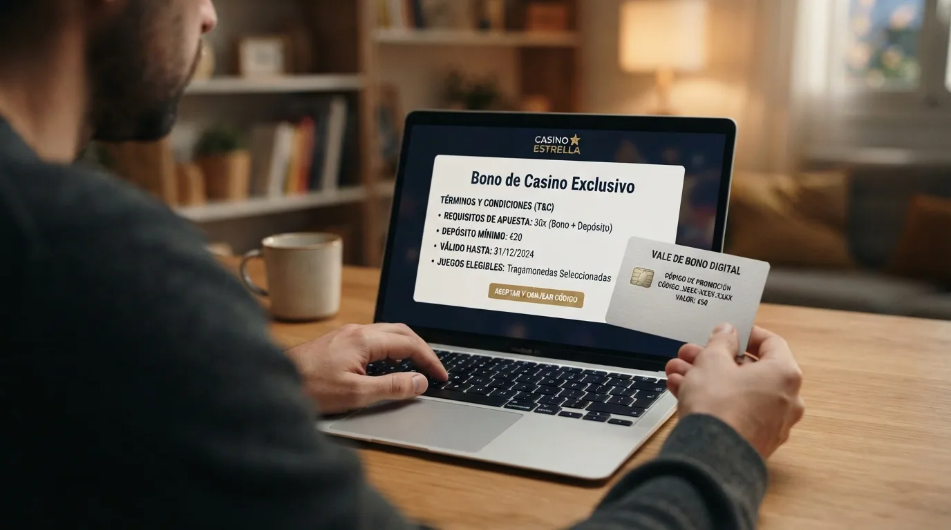 Jugador consultando los términos y condiciones de un código promocional en la pantalla de un ordenador portátil antes de introducirlo