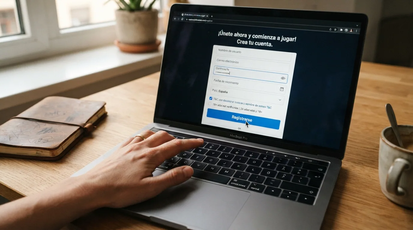 jugador ante la pantalla de un casino online español con el cursor sobre el botón de registro