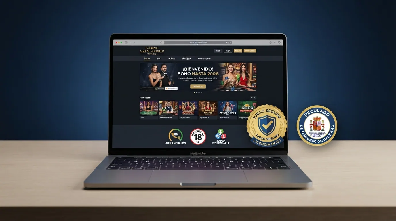 Pantalla de casino online español con dominio .es y sellos de regulación visibles