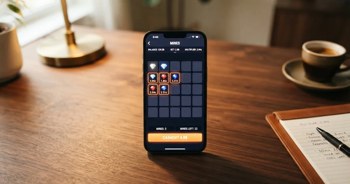 Cuadrícula de cinco por cinco del juego Mines con multiplicador y botón de apuesta visibles