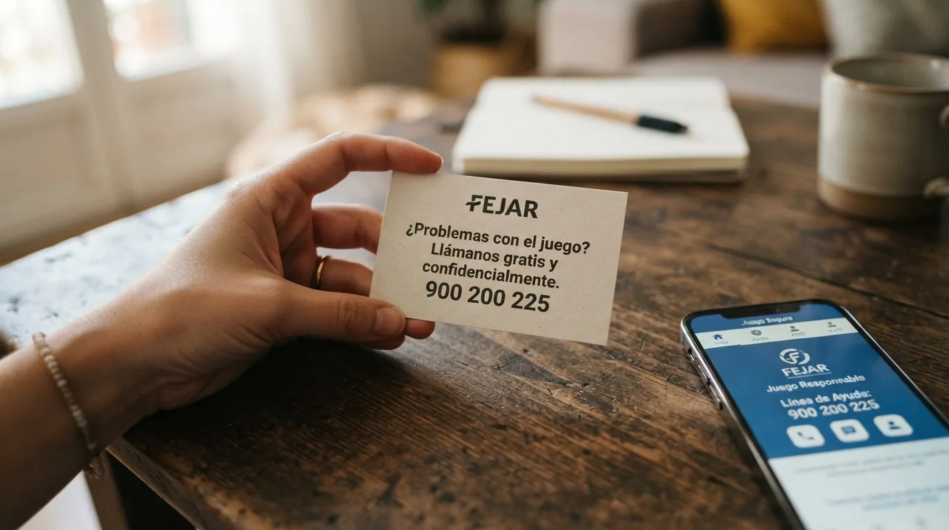 Tarjeta con teléfono de ayuda FEJAR 900 200 225 sobre fondo de herramientas de control de juego