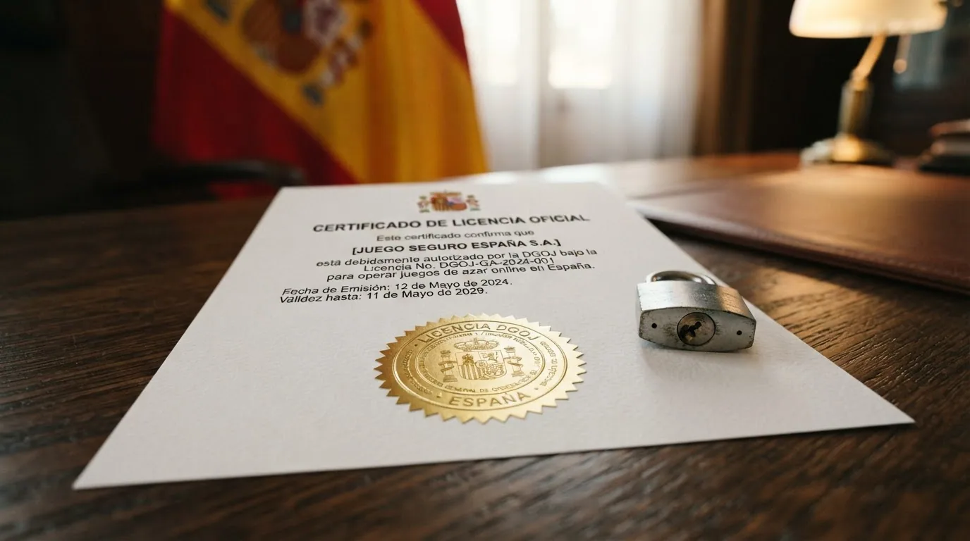Sello oficial de la DGOJ junto a un candado sobre un dominio .es, con la bandera española