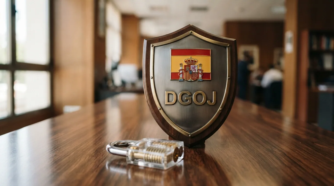 Representación gráfica de un escudo con las siglas DGOJ y la bandera de España, junto a un candado de seguridad sobre fondo institucional
