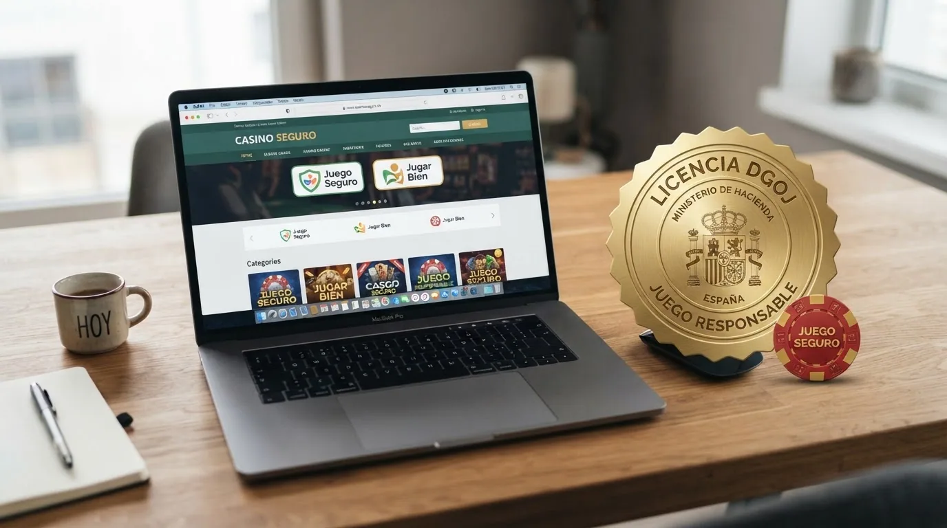 El logotipo de la DGOJ junto a un dominio .es en la barra del navegador como señal de casino autorizado