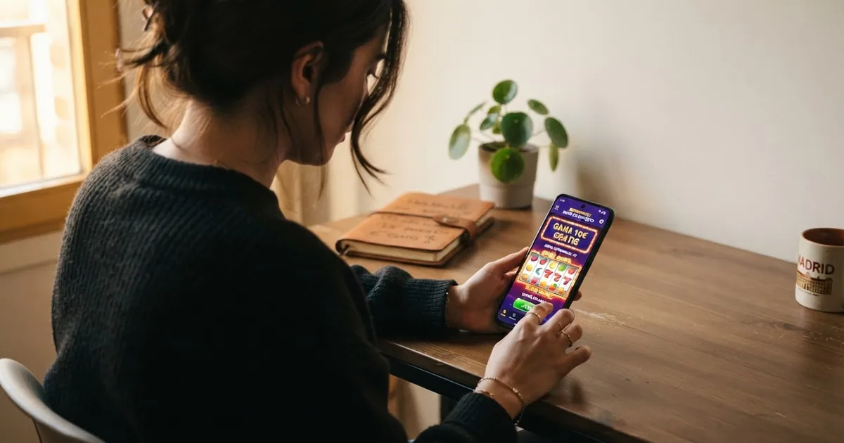 Jugador consultando las condiciones de un bono sin depósito en la pantalla de un casino online con dominio .es