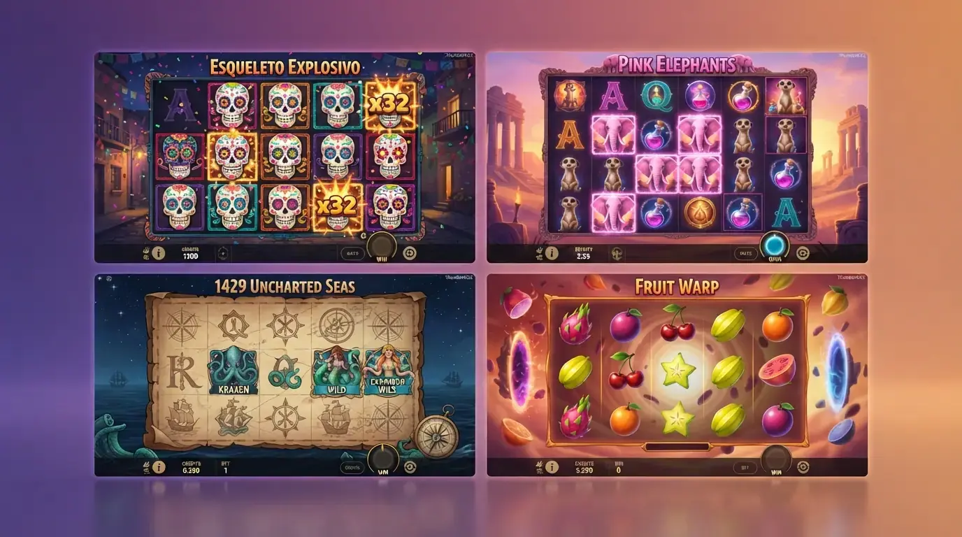 Collage con las cuadrículas de Esqueleto Explosivo, Pink Elephants, 1429 Uncharted Seas y Fruit Warp