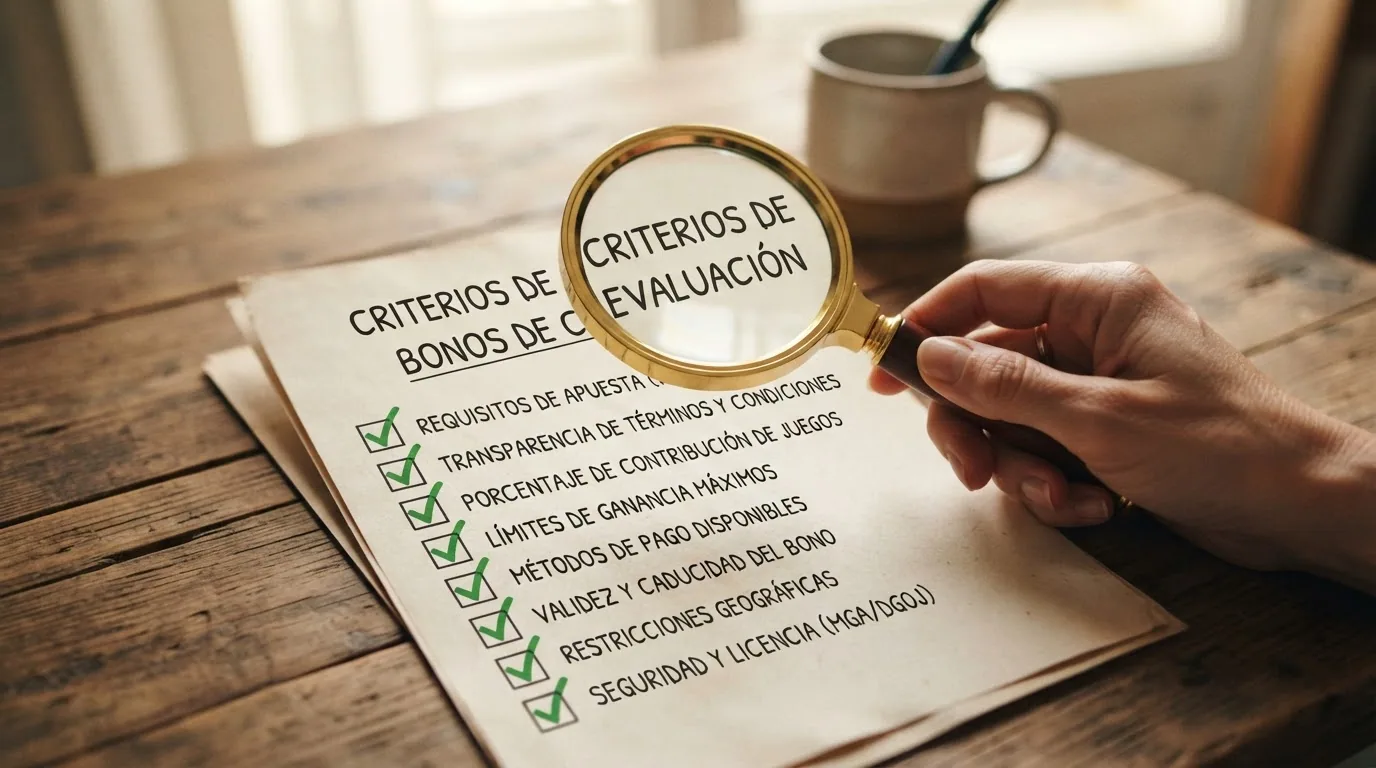 Lupa sobre lista de criterios de evaluación con marcas verdes al lado de cada uno