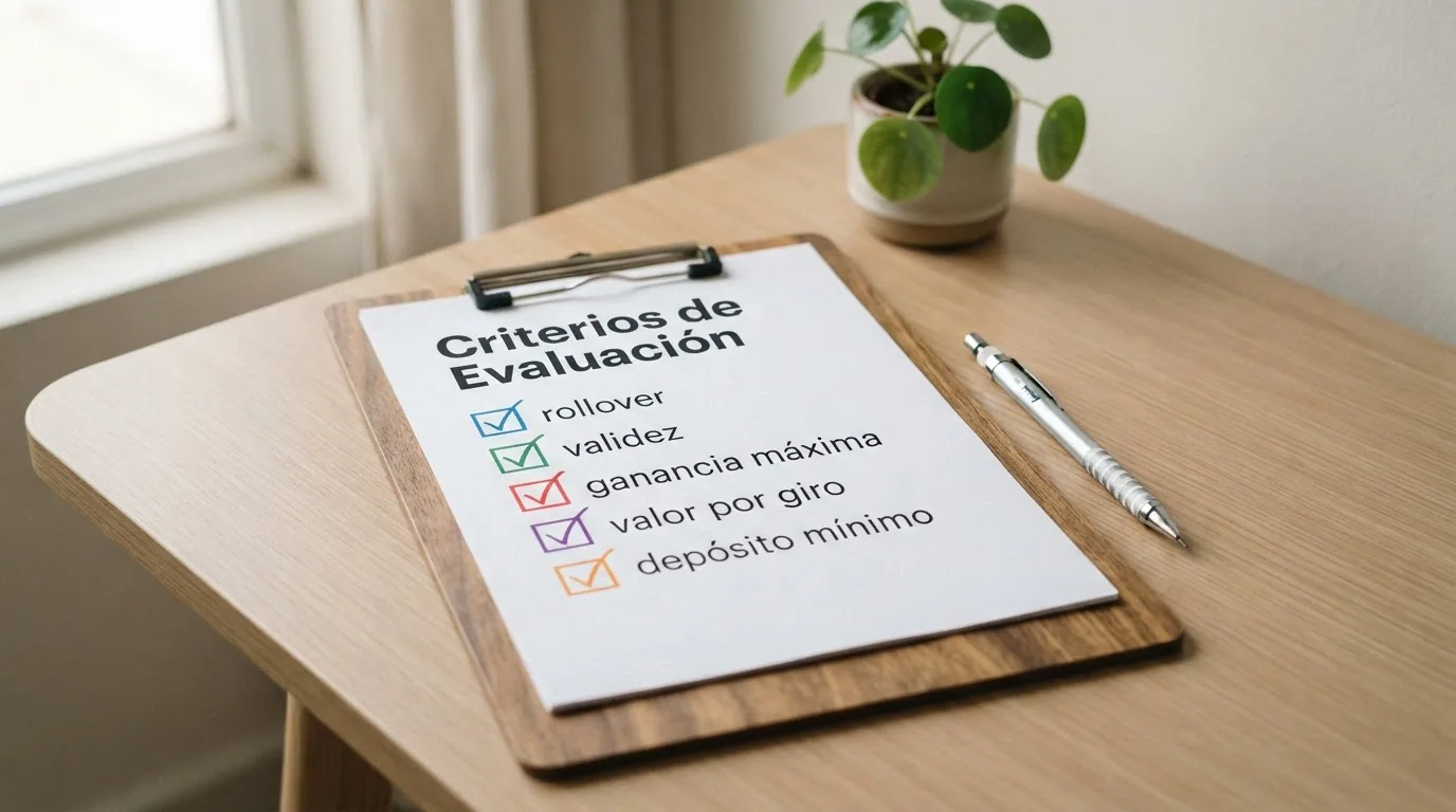 Bloc de notas con checklist de criterios de evaluación sobre fondo neutro