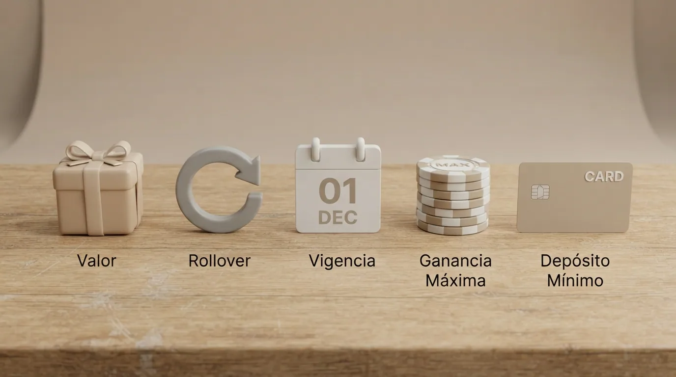 Esquema visual con iconos que representan los cinco criterios de evaluación sobre una mesa de trabajo