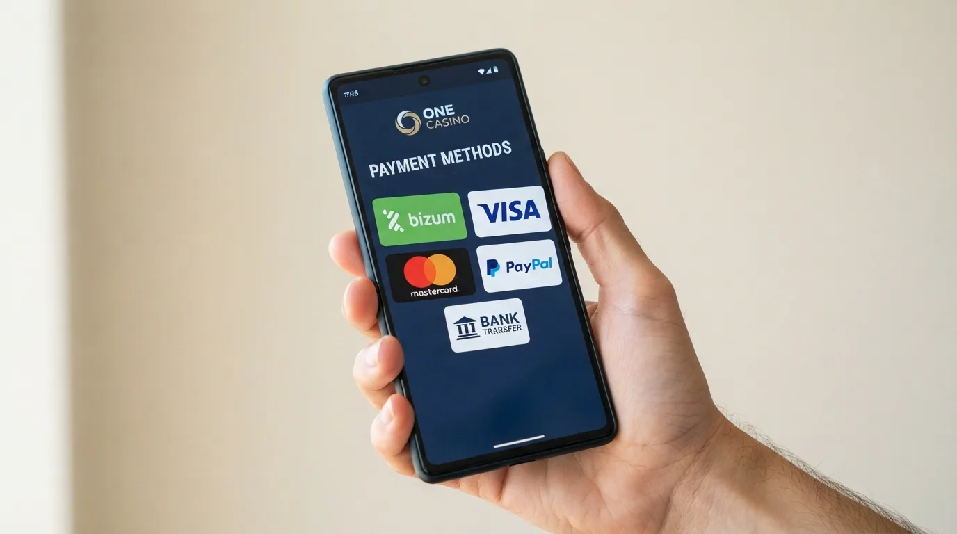 Logos de los métodos de pago aceptados por One Casino: Bizum, Visa, Mastercard, PayPal y transferencia
