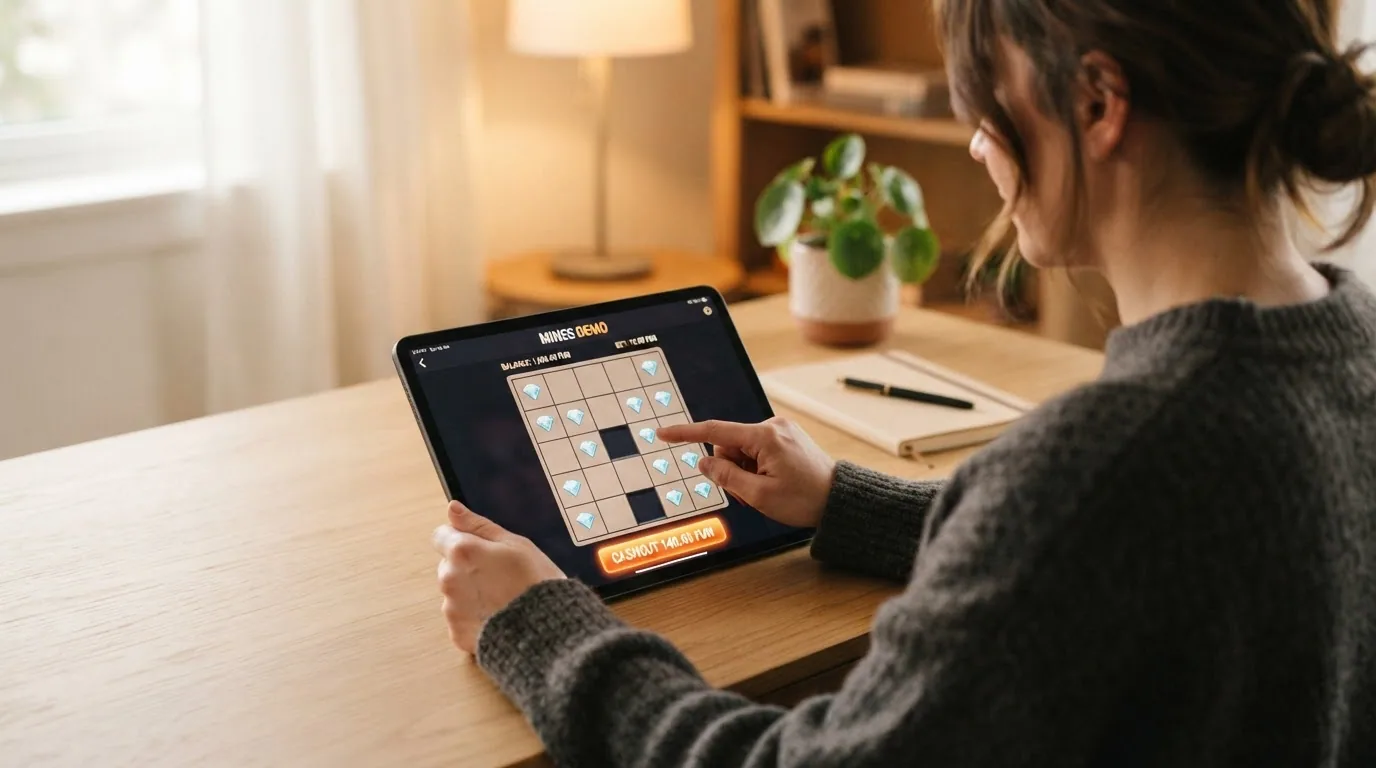 Pantalla de modo demo de Mines con saldo virtual y cuadrícula activa sin dinero real