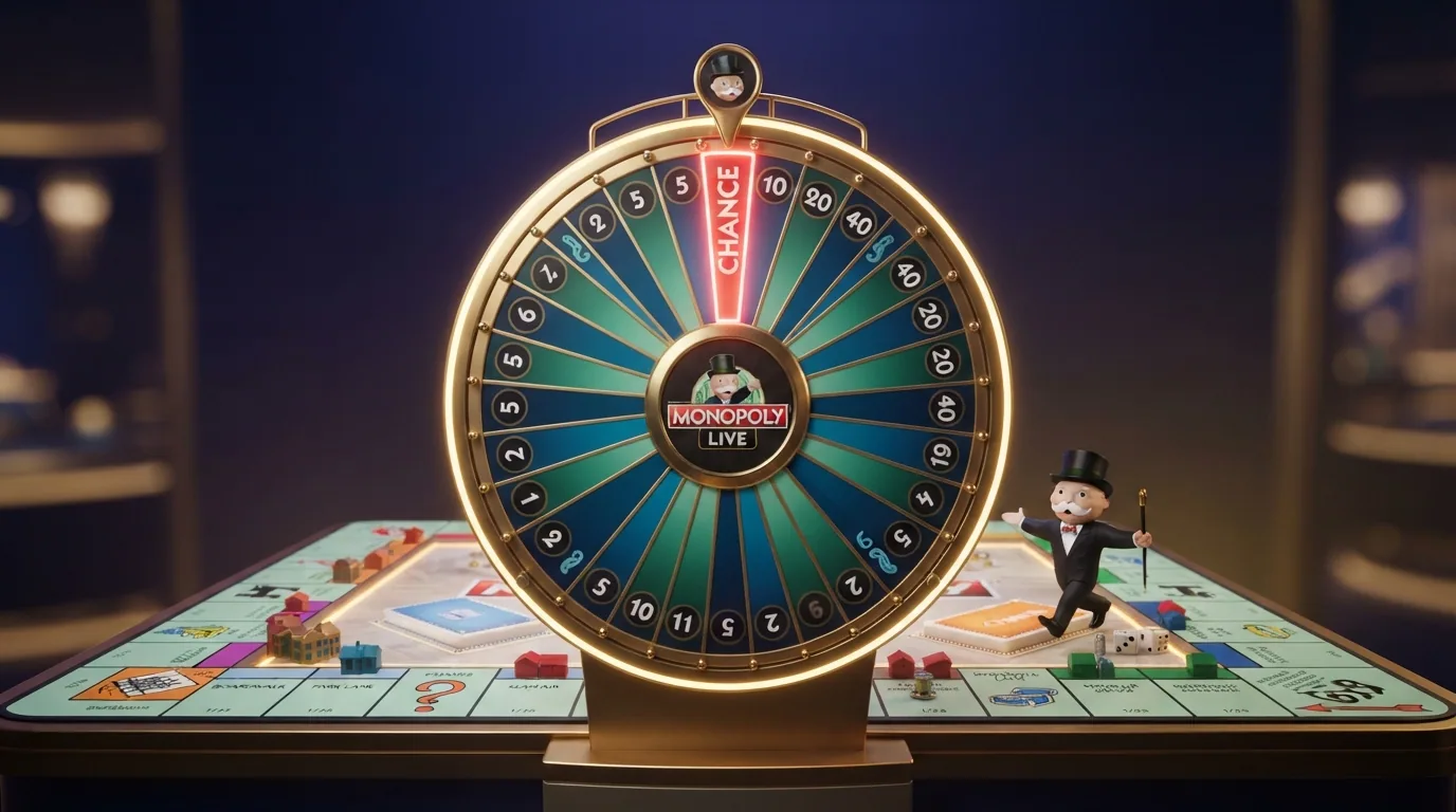 La rueda de Monopoly Live con el presentador y el tablero 3D