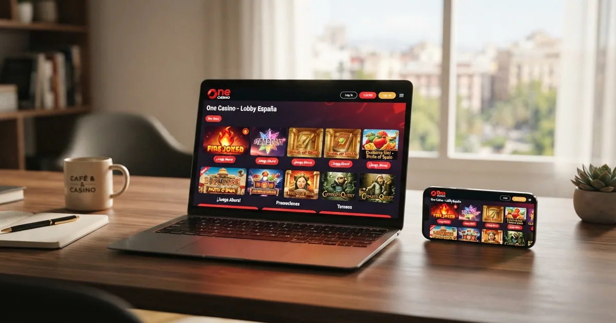 Captura de la página principal de One Casino en escritorio y móvil con el lobby de juegos visible
