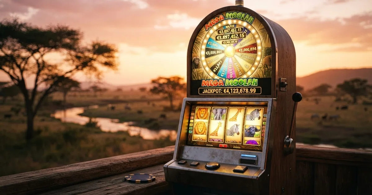 Pantalla principal de la tragaperras Mega Moolah con sus cinco carretes y el león wild