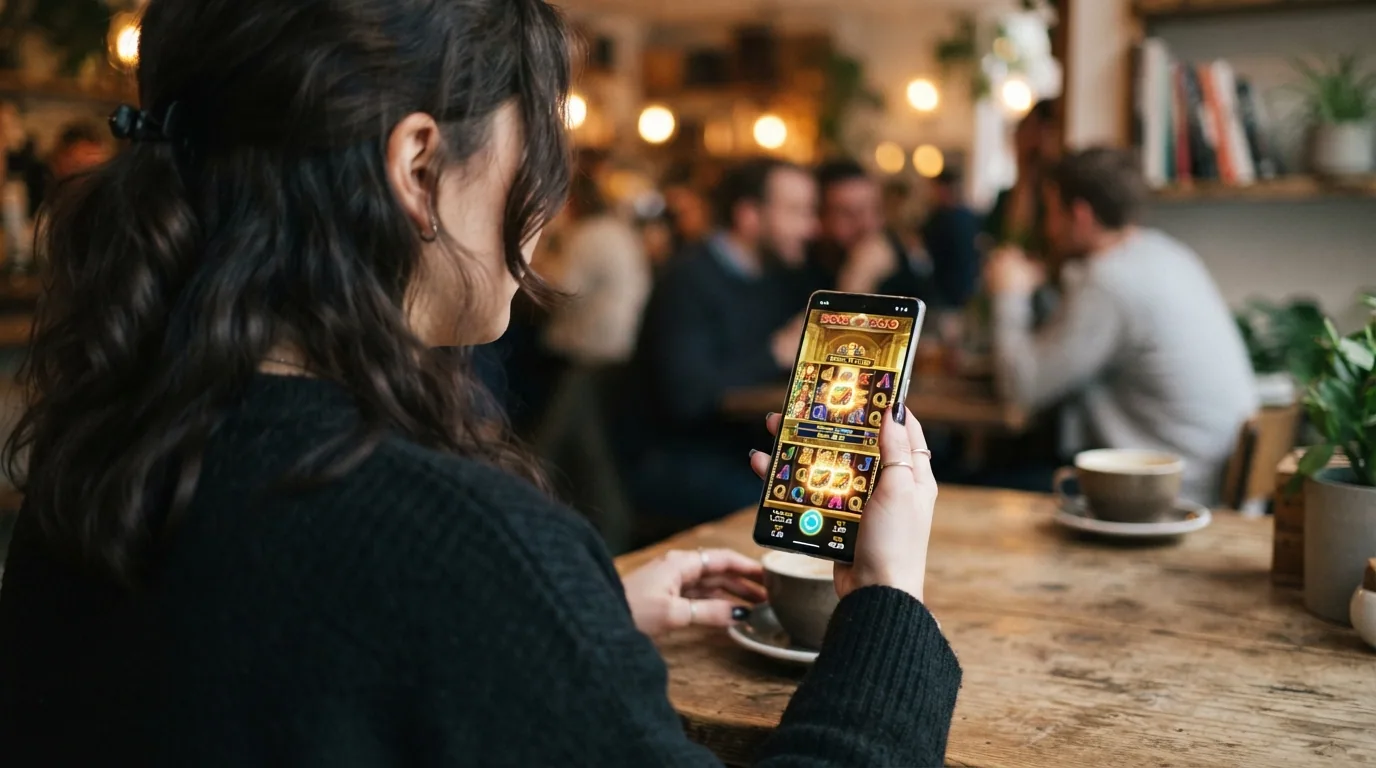 Un smartphone mostrando una tragaperras de Play'n GO en el navegador móvil con la interfaz adaptada