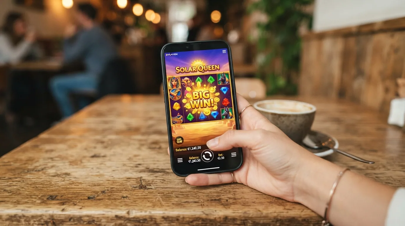 mano sosteniendo un teléfono con un slot Playson activo en el navegador móvil