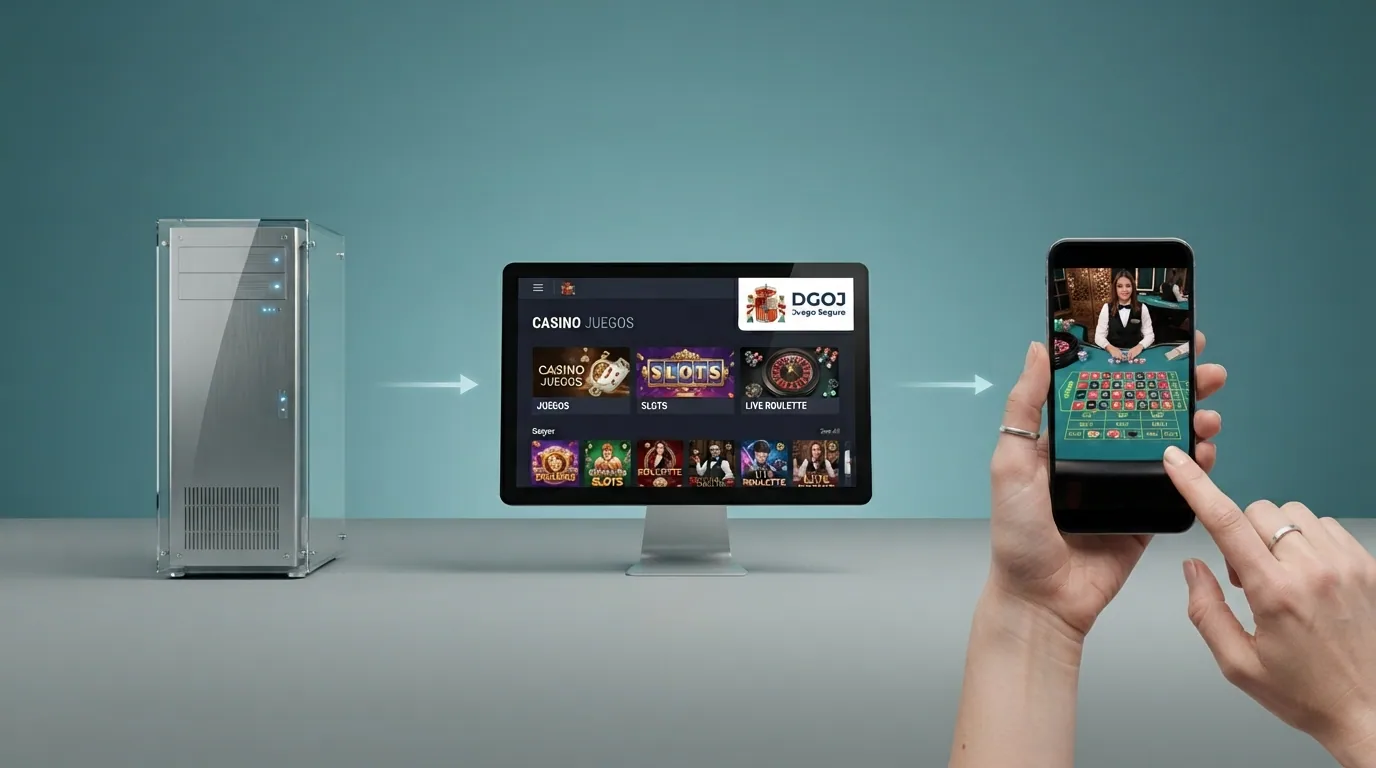 Infografía o diagrama que muestra la relación proveedor–operador–jugador: Evolution Gaming como proveedor B2B, los casinos con licencia DGOJ como operadores, y el jugador accediendo desde el dominio .es