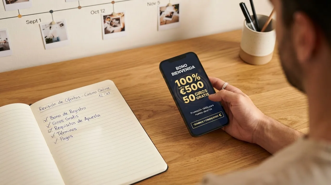Jugador revisando los requisitos de un bono antes de registrarse