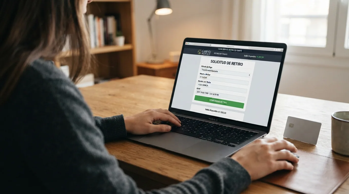 Panel de retirada de fondos con el saldo disponible y los métodos de pago habilitados