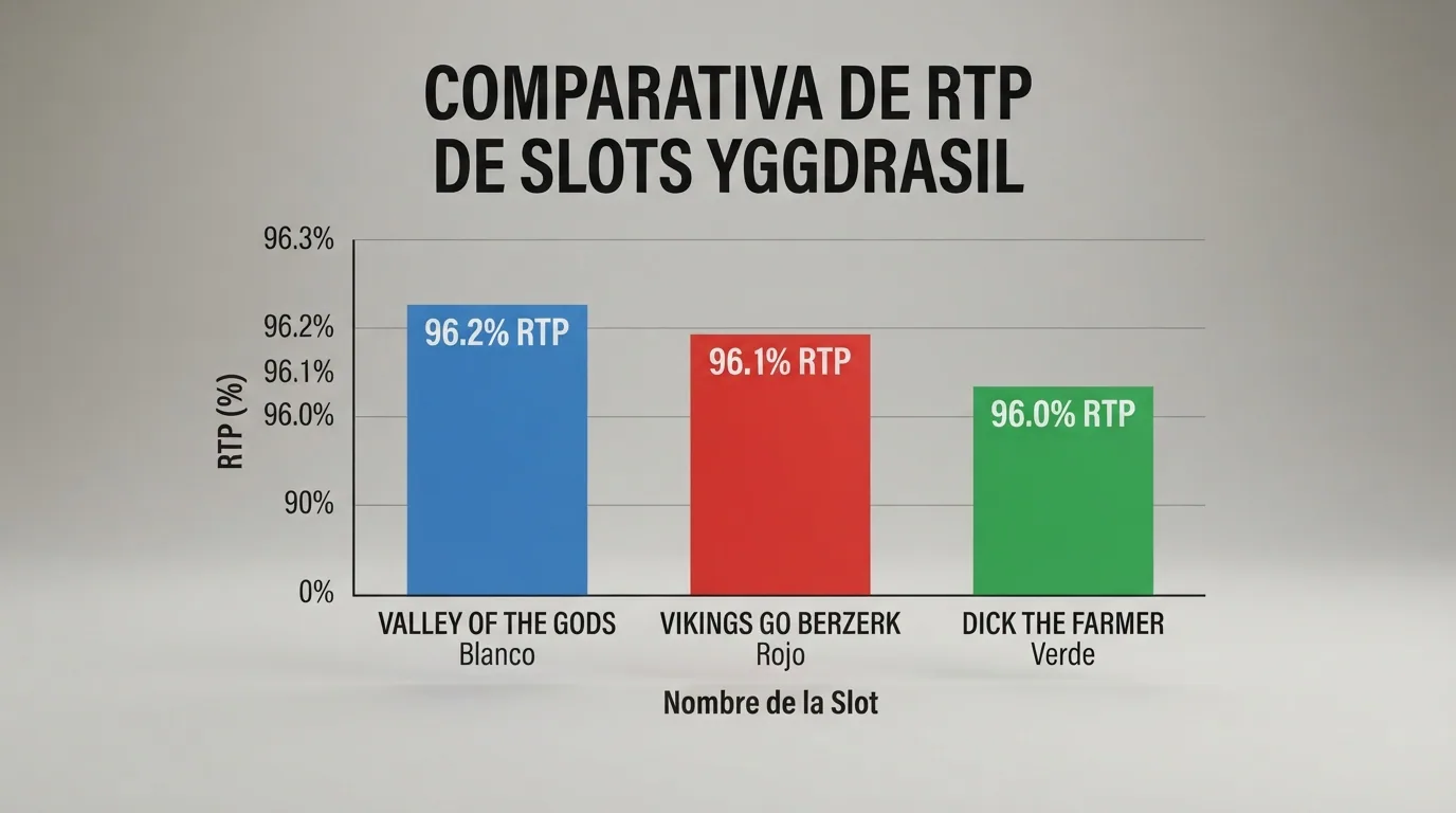 Gráfico de barras comparativo con el RTP de Valley of the Gods, Vikings Go Berzerk y Dick the Farmer