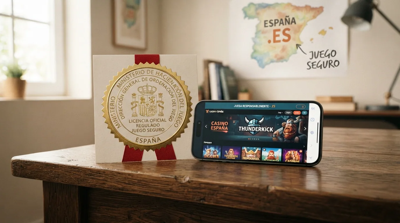 Sello oficial de la DGOJ sobre el mapa de España con el dominio punto es visible