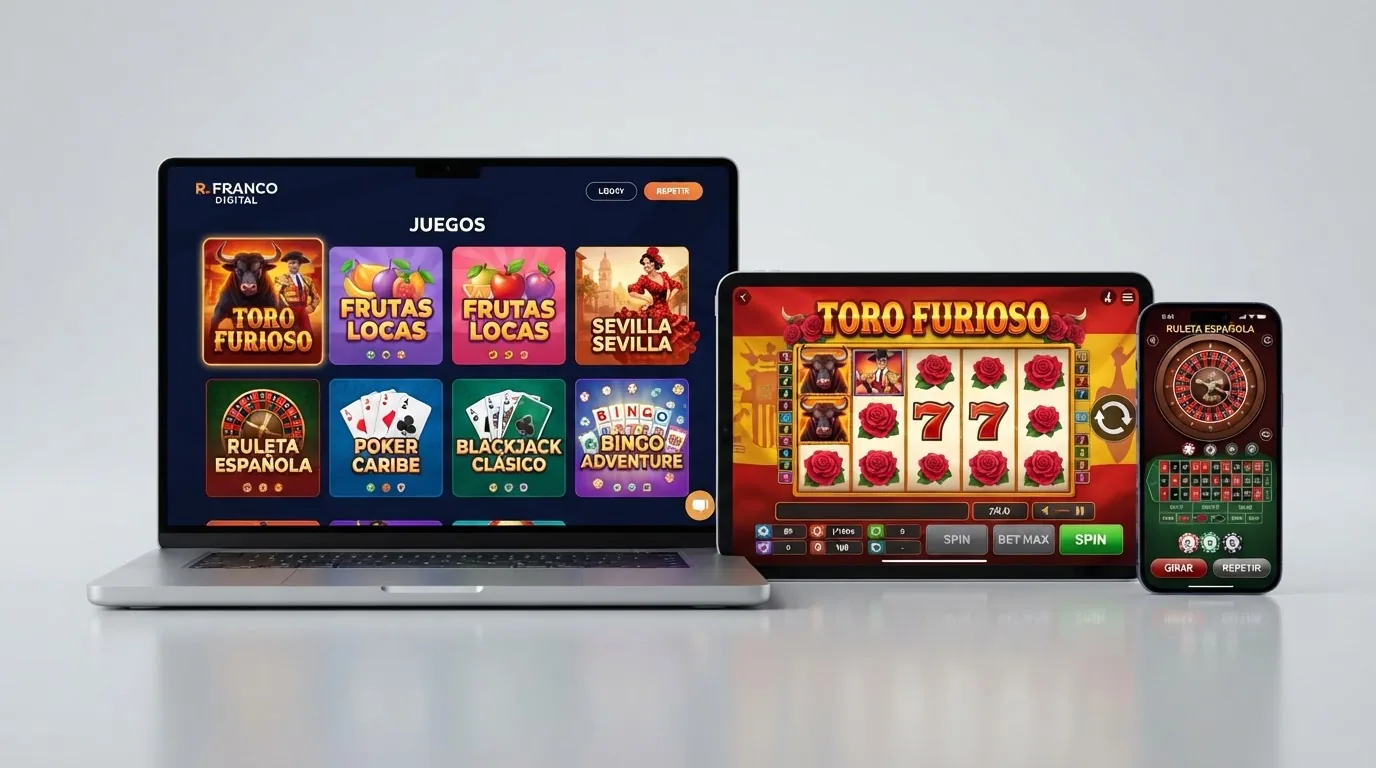 Catálogo variado de slots, ruleta, póquer, bingo y minijuegos de R. Franco Digital