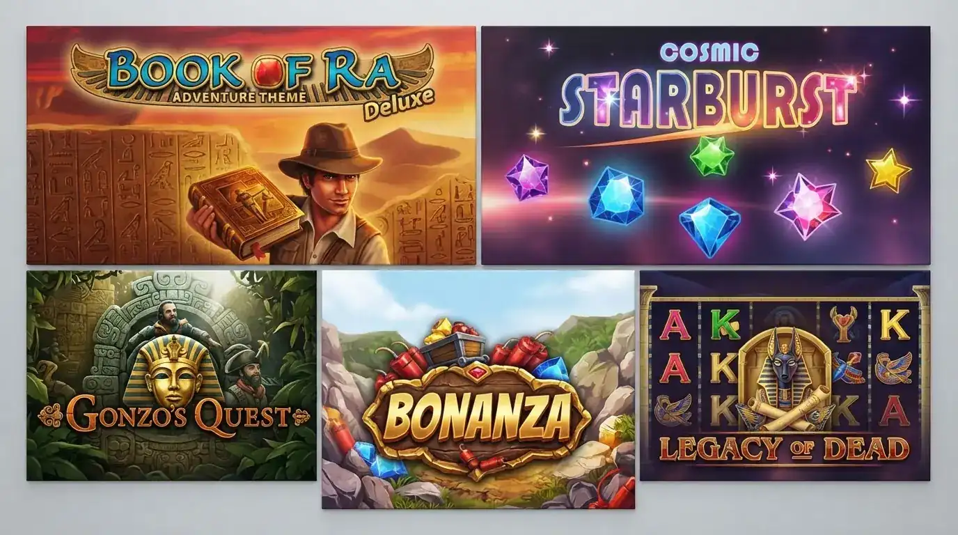mosaico con las carátulas de las cinco slots más usadas en promociones de tiradas gratis en España