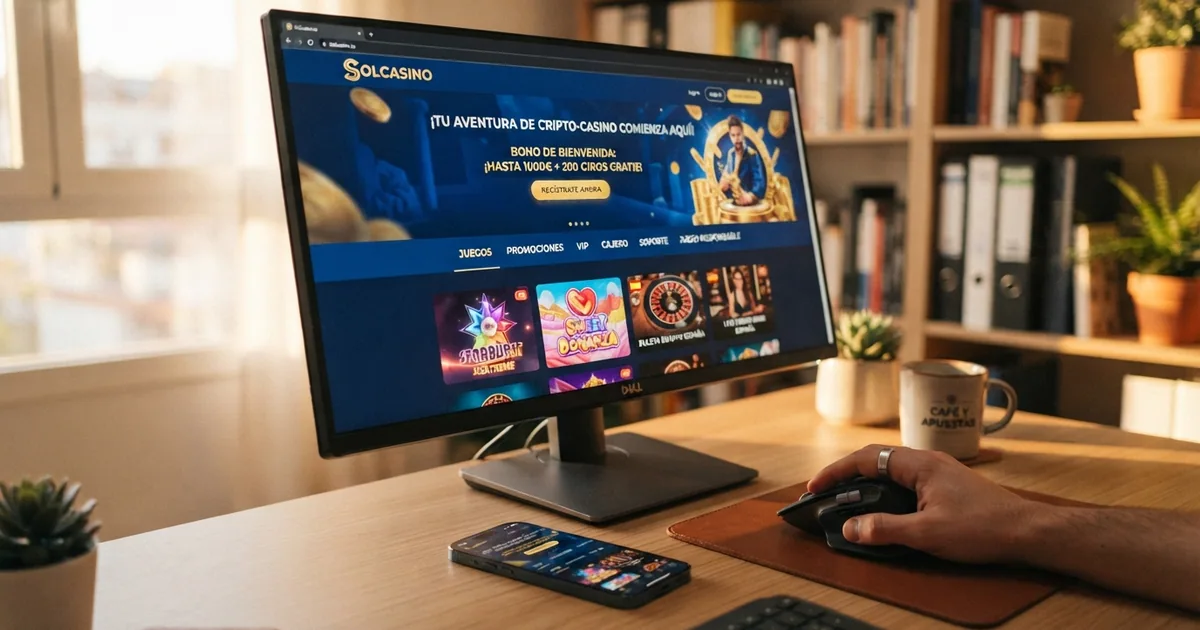 Vista principal de Solcasino con banner de bienvenida y menú de acceso a juegos en escritorio y móvil